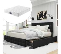 Flieks Lit rembourré avec matelas 140*200cm, Lit double de rangement avec 4 tiroirs, tête de lit & lattes métalliques, lin