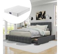 Flieks Lit rembourré avec matelas 140*200cm, Lit double de rangement avec 4 tiroirs, tête de lit & lattes métalliques, lin