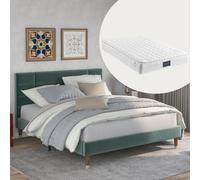 Flieks Lit rembourré avec matelas 140x200 cm, lit double classique avec matelas à lattes et tête de lit pour jeune couple, vert