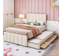 Flieks Lit rembourré avec sommier, lit simple pour adolescents avec sommier à lattes et tiroirs, lit d'enfant en bois lit d'invité lit de jour 90x200/90x190cm, lin