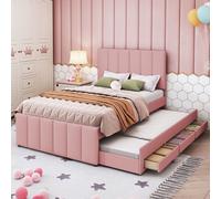 Flieks Lit rembourré avec sommier, lit simple pour adolescents avec sommier à lattes et tiroirs, lit d'enfant en bois lit d'invité lit de jour 90x200/90x190cm, lin