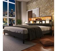 Flieks Lit rembourré en bois massif 140x200cm avec Led et tête de lit avec espace de rangement, lit double avec sommier à lattes Lit pour jeunes mariés