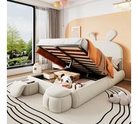Flieks Lit rembourré Lit d'enfant 140x200cm avec 2 banquettes, Lit double hydraulique Lit d'adolescent en bois avec Led & motif oreilles de lapin, Lit de rangement velours