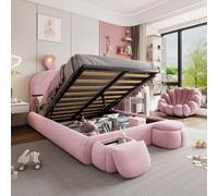 Flieks Lit rembourré Lit d'enfant 140x200cm avec 2 banquettes, Lit double hydraulique Lit d'adolescent en bois avec Led & motif oreilles de lapin, Lit de rangement velours