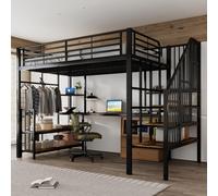 Flieks Lit superposé 120x200cm avec bureau et fonction de chargement, lit métallique pour adolescents avec tringle à vêtements et étagères, lit métallique pour enfants, noir