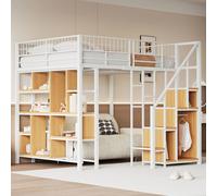 Flieks Lit superposé 140x200cm avec bibliothèque, lit surélevé en métal avec escalier et tringle à vêtements, lit d'enfant avec protection contre les chutes et sommier à lattes, blanc