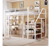 Flieks Lit superposé 140x200cm avec bureau et bibliothèque, lit d'enfant avec protection contre les chutes, lit mezzanine avec escalier et penderie, blanc
