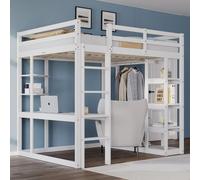 Flieks Lit superposé 140x200cm avec bureau et étagère, Lit d'enfant surélevé avec tringle à vêtements et étagères, Lit en bois double Lit superposé, Blanc