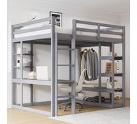 Flieks Lit superposé 140x200cm avec bureau et étagère, Lit d'enfant surélevé avec tringle à vêtements et étagères, Lit en bois double Lit superposé, Gris