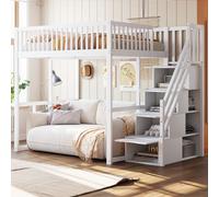 Flieks Lit superposé 140x200cm avec escalier de rangement, lit d'enfant double avec protection contre les chutes, lit surélevé en bois avec sommier à lattes, blanc