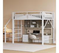 Flieks Lit superposé 140x200cm avec escalier, lit surélevé avec protection contre la chute, lit d'enfant avec sommier à lattes, lit métallique double lit superposé, blanc