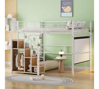 Flieks Lit superposé 140x200cm avec escalier, lit surélevé d'enfant avec compartiment de rangement et tringle à vêtements, lit métallique double lit d'adolescent avec sommier à lattes, blanc