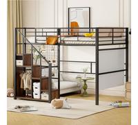 Flieks Lit superposé 140x200cm avec escalier, Lit surélevé d'enfant avec compartiment de rangement et tringle à vêtements, Lit métallique double Lit d'adolescent avec sommier à lattes, Noir