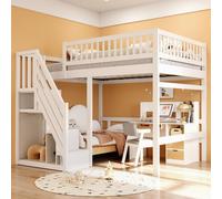 Flieks Lit superposé 140x200cm avec protection contre la chute, lit superposé avec escalier avec tringle à vêtements et étagères, lit d'enfant double avec sommier à lattes, blanc