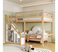 Flieks Lit superposé 140x200cm avec protection contre la chute, lit superposé avec escalier avec tringle à vêtements et étagères, lit d'enfant double avec sommier à lattes, naturel