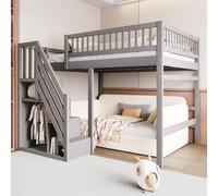 Flieks Lit superposé 140x200cm avec protection contre la chute, lit superposé avec escalier avec tringle à vêtements et étagères, lit d'enfant double avec sommier à lattes, gris