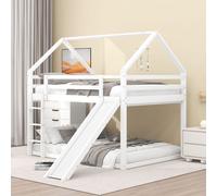 Flieks lit superposé 140x200cm, lit d'enfant lit de maison avec toboggan et échelle, lit surélevé avec sommier à lattes, lit superposé en bois avec antichute, blanc