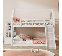 Flieks Lit superposé 140x200cm, Lit surélevé avec escalier, Lit d'enfant avec toboggan et escalier, Lit de maison avec sommier à lattes, Lit superposé en bois massif pour enfants