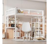 Flieks Lit superposé 140x200m avec escalier et armoire, lit surélevé pour adolescents avec bureau et sommier, lit d'enfant avec protection contre les chutes et étagère