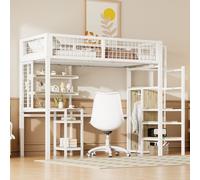 Flieks Lit superposé 90×200cm avec escalier et armoire, lit surélevé pour adolescents avec bureau et sommier à lattes, lit d'enfant avec protection contre les chutes et étagère, blanc