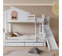 Flieks Lit superposé 90x200/120x200 avec sommier à lattes, lit d'enfant avec toboggan et échelle, lit surélevé avec 2 tiroirs, lit de maison en bois lit superposé, blanc
