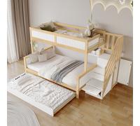 Flieks Lit superposé 90x200 / 120x200cm avec lit gigogne, lit surélevé avec escalier, lit d'enfant avec rangements, lit superposé avec protection contre les chutes et sommier à lattes