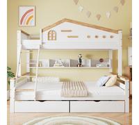 Flieks Lit superposé 90x200/140x200cm avec 2 tiroirs, lit surélevé d'enfant lit de maison avec étagères, lit superposé avec protection contre les chutes et sommier à lattes, blanc