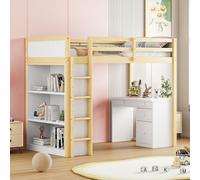Flieks Lit superposé 90x200 avec bureau et bibliothèque, lit surélevé avec échelle, lit d'enfant avec protection contre les chutes, lit superposé en bois avec sommier à lattes