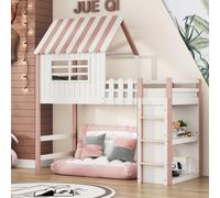 Flieks Lit superposé 90x200 avec protection contre la chute, lit d'enfant lit de maison avec sommier à lattes, lit superposé avec échelle, lit en bois lit simple rose