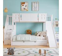 Flieks Lit superposé 90x200cm/120x200cm avec toboggan, lit d'enfant avec tiroirs, lit surélevé pour 2 enfants, lit superposé en bois avec escalier de rangement, blanc
