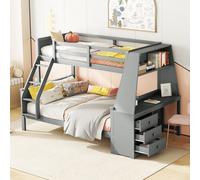Flieks Lit superposé 90x200cm/140x200cm avec bureau et bibliothèque, lit surélevé avec protection contre les chutes, lit d'enfant avec sommier à lattes, lit superposé en bois gris
