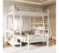 Flieks Lit superposé 90x200cm/140x200cm avec étagère, Lit surélevé en métal avec sommier à lattes, Lit d'enfant double avec protection contre les chutes, Lit superposé blanc