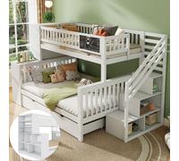 Flieks Lit superposé 90x200cm/140x200cm, Lit d'enfant avec bibliothèque & tableau, Lit mezzanine avec escalier & 2 tiroirs, Lit superposé en bois 2 enfants, Blanc