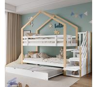 Flieks Lit superposé 90x200cm/90x190cm avec sommier, lit d'enfant avec escalier et sommier à lattes, lit de maison surélevé avec protection contre les chutes, blanc