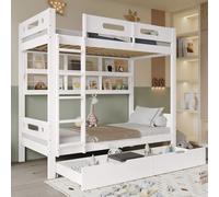 Flieks Lit superposé 90x200cm avec 2 tiroirs, lit d'enfant avec étagère, lit surélevé avec étagère, lit en bois lit simple lit superposé 2 enfants, blanc