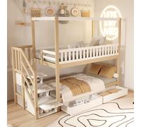 Flieks Lit superposé 90x200cm avec 2 tiroirs, lit d'enfant lit de maison avec escalier de rangement, lit superposé avec protection contre les chutes, lit simple Naturel