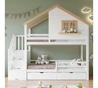 Flieks lit superposé 90x200cm avec 2 tiroirs, lit d'enfant lit de maison avec fenêtre et bord de fenêtre, lit mezzanine avec protection contre les chutes et sommier à lattes pour 2 enfants