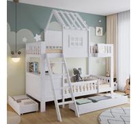 Flieks Lit superposé 90x200cm avec 2 tiroirs, lit d'enfant lit de maison avec protection contre la chute et sommier à lattes, lit mezzanine lit simple avec échelle, blanc