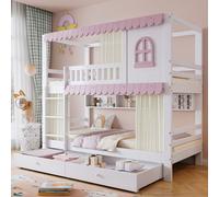 Flieks Lit superposé 90x200cm avec 2 tiroirs & rideau de lit, lit d'enfant lit de maison avec étagère, lit surélevé avec sommier à lattes et échelle, lit superposé en bois, blanc