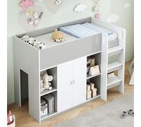 Flieks Lit superposé 90x200cm avec armoire et compartiment de rangement, lit d'enfant surélevé avec échelle, lit superposé simple avec sommier à lattes, lit en bois gris