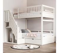 Flieks Lit superposé 90x200cm avec armoire et tiroir, lit d'enfant surélevé avec escalier et sommier à lattes, lit superposé avec protection contre les chutes, blanc