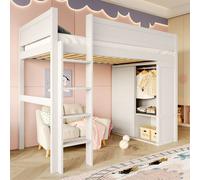 Flieks Lit superposé 90x200cm avec armoire, lit d'enfant surélevé avec protection contre les chutes et sommier à lattes, garde-robe avec porte coulissante interchangeable, blanc
