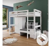 Flieks Lit superposé 90x200cm avec armoire, lit surélevé avec canapé et coussins, lit d'enfant simple avec protection contre les chutes et échelle, blanc