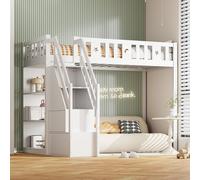 Flieks Lit superposé 90x200cm avec bibliothèque, lit surélevé avec escalier et tiroirs, lit d'enfant superposé avec protection antichute, lit en bois pour enfants, blanc