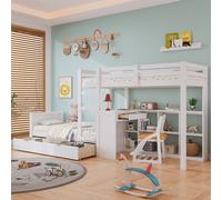 Flieks Lit superposé 90x200cm avec bureau & bibliothèque, lit d'enfant avec tiroirs, lit mezzanine 2 enfants, lit simple en bois avec sommier à lattes, blanc