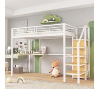 Flieks Lit superposé 90x200cm avec bureau en forme de L et étagère en fer grillagé, lit mezzanine avec escalier et penderie, lit d'enfant en métal lit simple, blanc