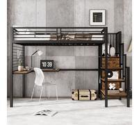 Flieks Lit superposé 90x200cm avec bureau en forme de L et étagère en fer grillagé, lit mezzanine avec escalier et penderie, lit d'enfant en métal, noir