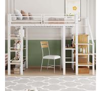 Flieks Lit superposé 90x200cm avec bureau et bibliothèque, lit d'enfant avec protection contre les chutes, lit mezzanine avec escalier et penderie, blanc