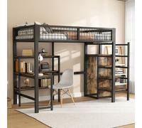 Flieks Lit superposé 90x200cm avec bureau et bibliothèque, lit surélevé avec armoire, lit d'enfant en métal avec sommier à lattes, lit simple noir