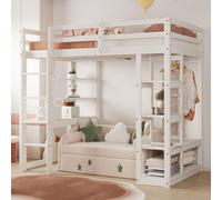 Flieks Lit superposé 90x200cm avec bureau et étagère, lit d'enfant surélevé avec tringle à vêtements et étagères, lit en bois lit simple lit superposé, blanc